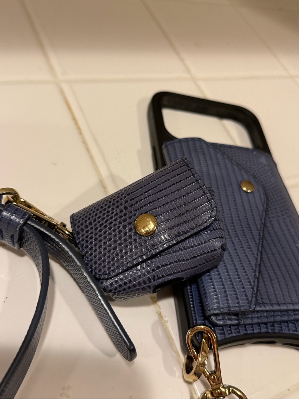 Bandolier 17 pro max Navy Lizard-Embossed Phone Case with Gold Hardware